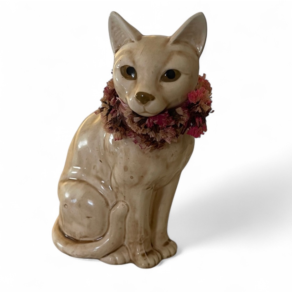 Vintage Norleans Japan Ceramic Cat Figurine with Pink Flower Collar